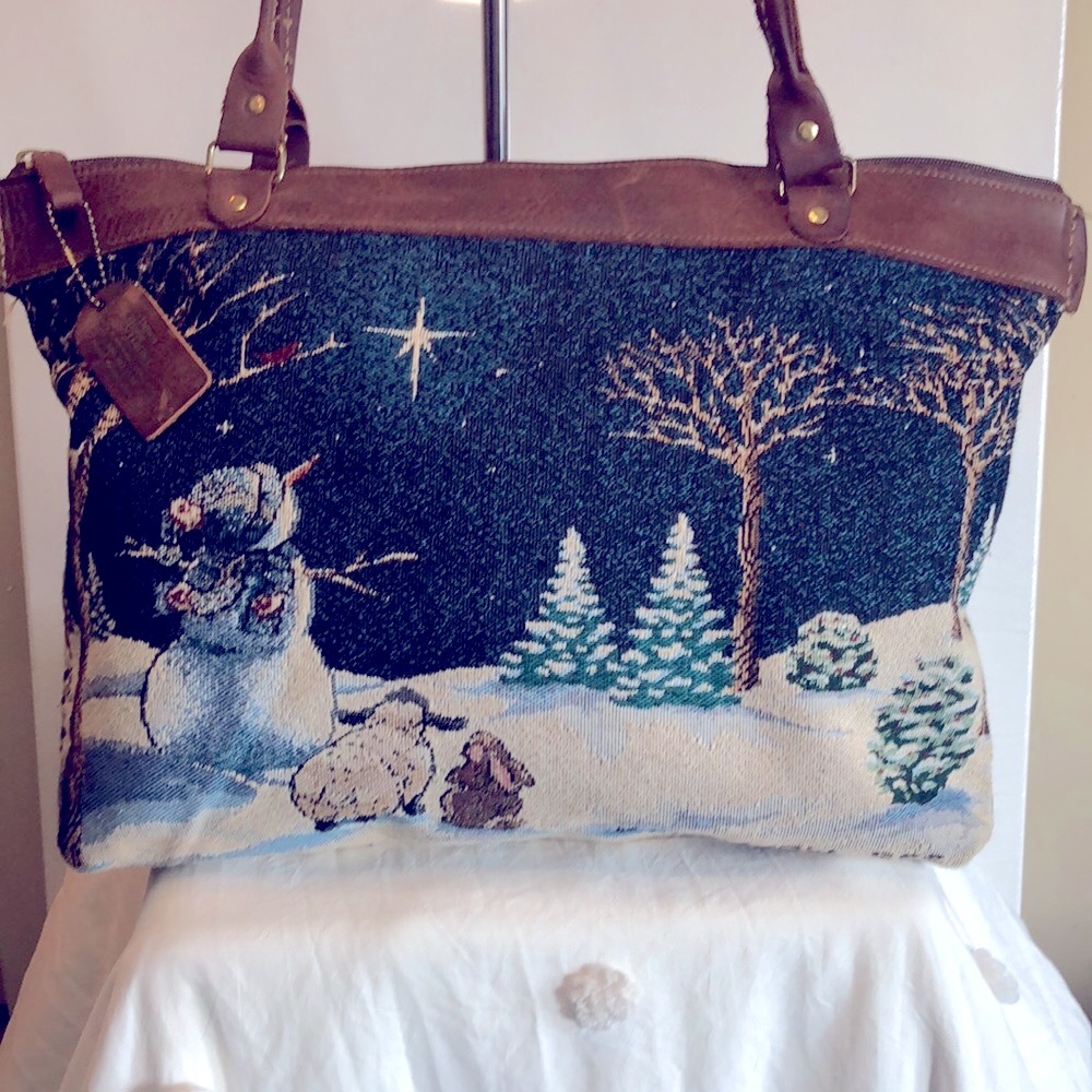 DOWN HOME LEATHER Christmas tote. Do you hear what I hear scene. Leather tote.
